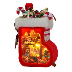 MIRELAE Có đèn LED Túi Giáng Sinh bằng gỗ Làm thủ công Có đồ nội thất Bộ đồ chơi nhà búp bê thu nhỏ Sáng tạo Thu nhỏ Cảnh ghép hình 3D Dành cho bạn bè