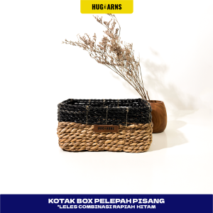 HUGeARNS - Kotak Box Pelepah Pisang Leles Combinasi Rapiah Hitam / Box Storage Multifungsi Anyaman Eceng Gondok Tempat Penyimpanan / Home Decor Ramah Lingkungan / Keranjang Anyaman Enceng Gondok Variasi Rajut Macrame / Penyimpanan Anyaman Serbaguna