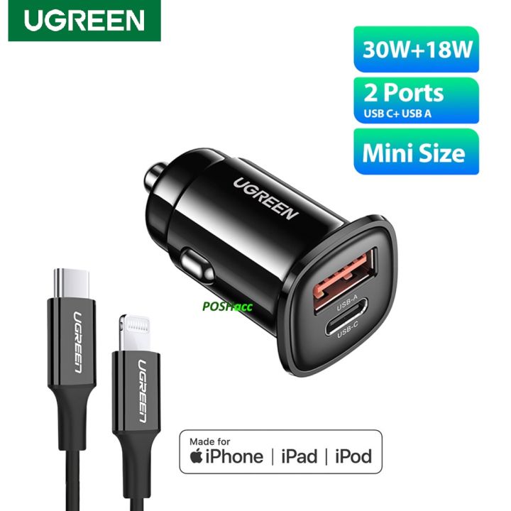 Ugreen Car Charger 48W Type-C PD 30W Usb FCP AFC 18W Fast Charging  iPhone 14 13 pro Max/ 12 11 XS Xiaomi Android/ Mini Charger Mobil Dual port 