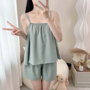 FSFDS Mỏng Đồ ngủ nữ không tay Màu trơn Thường ngày Váy ngủ hai mảnh Dễ thương Ngọt ngào Bộ đồ ngủ Cô Gái