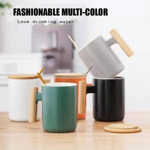 350 ml Nordic Minimalist Handmade Ceramic Mug Coffee Tea Cup with Wooden Handle and Water Cover Lid Office Coffee Cup