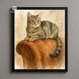 Tranh Nghệ thuật "Mèo Ngồi Trên Ghế Sô Pha" VIETSMART ART - Lụa 60 x 70cm