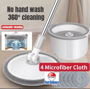 [SG SELLER][With 4 Mop Cloths]Hands-free Self Cleaning Spin Mop Bucket Automatic Wet and Dry