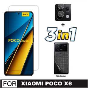 Promo Paket 3 in 1 Tempered Glass Xiaomi Poco X6 5G / Poco X6 Pro 5G / Poco M6 Pro 4G 2024 Clear Screen Protector + Camera Lens + Garskin Carbon