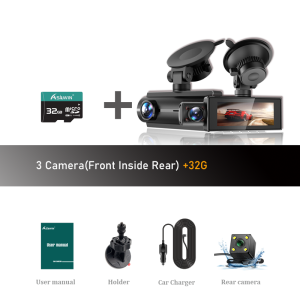 Asawin T3 3 Channels Dash Cam 3 Ways Car Camera Front And Rear Inside 3 Camera Car Monitoring Fhd 1080P+1080P+480P For Taxi Uber