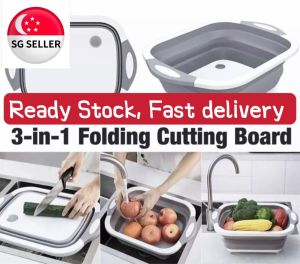 [SG SELLER] 3-IN-1 Kitchen Foldable Cutting Board Sinks Drain Basket Chopping Board Tools