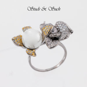 [Studs & Such] 925 Silver Rose Blossom Adjustable Ring With Freshwater Pearl & Cubic Zirconia