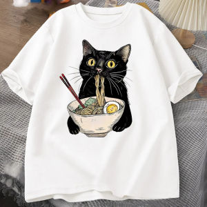 [Local Stock] HBESTY  Noodle Ramen Cat T-Shirt Foodie Lover T Shirts Black Cat Noodle T-Shirts Retro Casual Short Sleeve Tshirt for Men Women Clothes