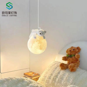 Đèn ngủ cho bé hình gấu ôm mặt trăng tròn màu trắng sứ Đèn treo thả tab đầu giường phòng ngủ cho trẻ em hình mặt trăng 3D Đèn LED 5W 3 chế độ bật tắt công tắc ánh sáng không chập chờn an toàn cho mắt - Combosett