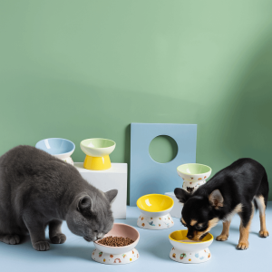 R1A9M Ceramic Cat Bowl Flat/Slanted Mouth Anti Tipping Dog Food Feeding Basin Multi-use Non-slip Pet Drinking Feeder Neck Protection