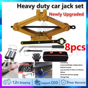 4Ton 3Ton Scissor Jack For Car Automotive Jack Kit 8PCS Tire Jack Portable With Ratchet with Tire Pressure Pen And Nut Wrench (17/19/21/23) ldeal For Suv And Auto Multipurpose Emergency Pack Car Premium Road Kit Essentials Jump