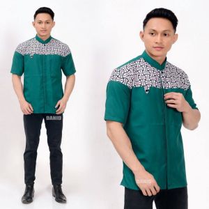 Baju Koko Pria Kurta Kemko Sublim Lengan Pendek Garis Kombinasi Batik Kain Songket Lembut Nyaman