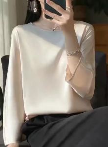 Womens T-shirt Summer New Silk Three-quarter Sleeve Casual Solid Satin Blouse Round Neck Satin Tops Ladies Clothes Loose Tees2026