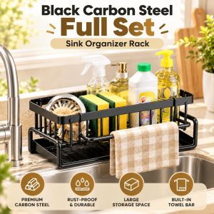 NEW Kitchen Sink Organizer Stainless Steel Sponge Holder Sink Caddy Drain Rack Soap Holder Towel Bar Kitchen Storage Shelf Dishcloth Rack Utensil Holder Space Saving Kitchen Accessories Wall Mounted Shelf 置物架