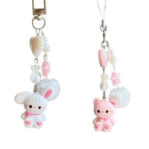[fenggongshuode] Cute Rabbit Kitty Bear Pendant Key Chain Fluffy Ball Bow Bead Mobile Phone Chain Anti-Lost Lanyard Kawaii Bag Charm Gift