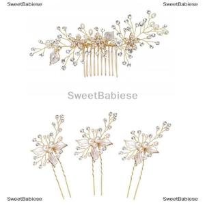 [COD] SweetBabiese Phụ nữ vàng rhinestone ngọc trai Tóc Lược tóc Clip cô dâu phụ kiện tóc cưới