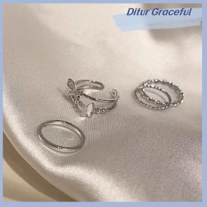 Ditur 3Pcs 4Pcs Hip Hop Punk Open Adjustable Rings Set Womens Ring Butterfly Metal Finger Ring