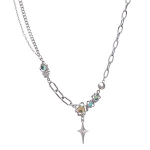 Hmeme Trendy Bling Moonstone Star Cross Pendant Necklace For Women Punk Hip Hop Necklace Party Y2K Jewelry Gift