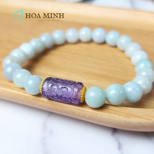 Vòng tay đá Cẩm Thạch bạch ngọc size hạt 7.7 li phối charm lu thống Thạch Anh Tím chạm vân mây bọc xi vàng không kén mệnh | Hoa Minh Gem