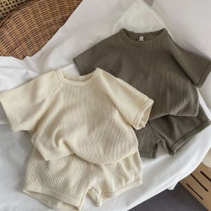 1-7Y Childrens Shorts Shirt Set Korean Boys Girls Short Sleeved Suit Waffle Style Baby Simple Trendy T-shirt Short Pants Set