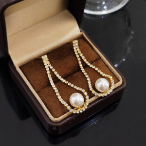 Fashionable Ring Gift 高级感超闪满镶锆石珍珠水滴耳环气质优雅时尚耳钉轻奢风长款耳饰