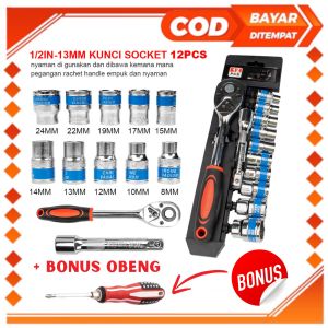 Set Kunci Socket Sok Set 12pcs Kunci Sok Wrench 1/2" 8-24mm Rachet Handle Multifungsi Bonus Obeng Amerika