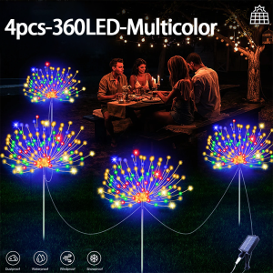 Diwali Lights 4PCS 360LED Solar Firework Light Outdoor Waterproof Garden Light Solar Lawn Light 8Modes Flashing Deepavali Decoration Lights
