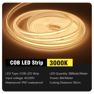 AC220V COB แถบไฟLED 288 ความสว่างเป็นพิเศษแถบไฟ LED ที่มีความยืดหยุ่น IP67กันน้ำ อบอุ่น/กลาง/ขาวเหมาะสำหรับในร่มและกลางแจ้ง