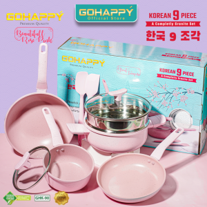PANCI SET Korean 9 pc Gohappy Pastel Tosca GHK90T Wajan Wok pan FRYPAN CASEROLE Sauce pan Granite marble anti lengket GO HAPPY COOKWARE SET With PFOA FREE