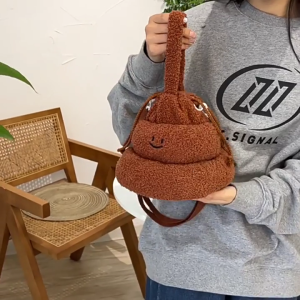 Cute Plush Poop Shape Handbag for Women Cartoon Poop Drawstring Bag Female Fluffy Tote Shoulder Bag Funny Crossbody Bag