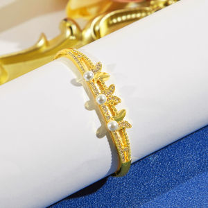 SEQUITO Brand New Trendy Design Women Golden Thin Bangle Pave AAAAA Cubic Zirconia with Big Pearl for Wedding Party B357