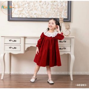 Váy đỏ cổ ren cho bé gái mặc tếtváy xinh cho bé gái từ 10-30kg