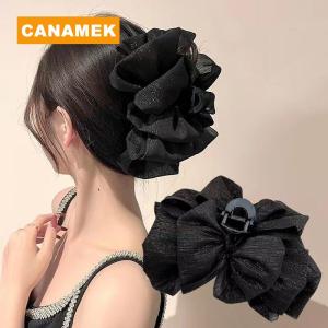 【CANAMEK】 Fashion Women Seersucker Clip Black Bowknot Hair Grab Hair Bow Shark Clip Mesh Bubble Grabber Girl Headwear