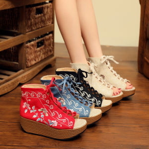 Sandals Womens High Heels Fish Mouth Platform Flatform Heel Cloth Vintage Womens Shoes