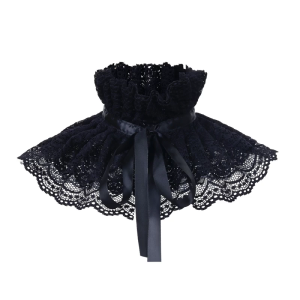 Ruffle Lace Detachable False Collar with Ribbon Tie Elegant Pleated Neck Ruff Shawl Capelet for Wedding Prom Parties