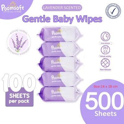 Poomsoft Lavender Unscented Baby Wipes Alcohol-free Gentle Wet Wipes for Baby 100s Pack of 5
