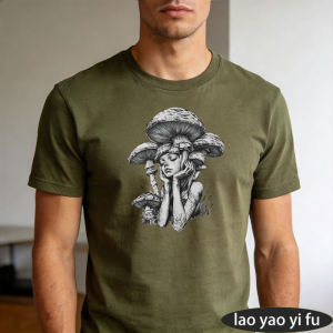 [Local Stock] HBESTY Monochrome Mushroom Lady Dark Sketch Men Summer Cotton T Shirt Fantasy Fairy Creative Street Casual Tee