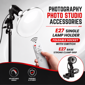 Photography Photo Studio Accessories E27 Single Lamp Holder Foldable Socket with Switch E27 Base Strong Clamp Grip Adjustable Angle Durable & Sturdy