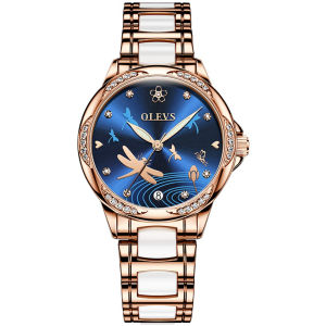 OLEVS 6610 Mechanical Fashion Women Watch Gift Round-dial Ceramic Watchband Wristwatch Calendar Luminous