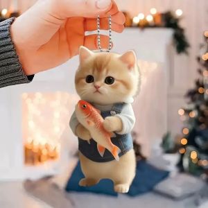 Christmas Ornament 2D High-Definition Acrylic Cute Cat Keychain Backpack Pendant Childrens Gift