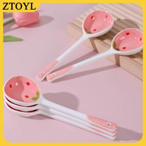 ZTOYL 1 cái dễ thương dâu tây gốm súp muỗng kem tay sơn cà phê tráng miệng dài xử lý muỗng Nhà Bếp Bộ đồ ăn phụ kiện