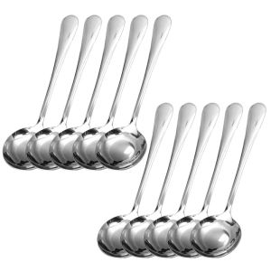 10Pcs Long-Handle Stainless Steel Soup Spoons Thickened Ice Cream Dessert Spoon Coffee Soup Salad Rame Sauce Spoon Household Kitchen Tableware Spoons