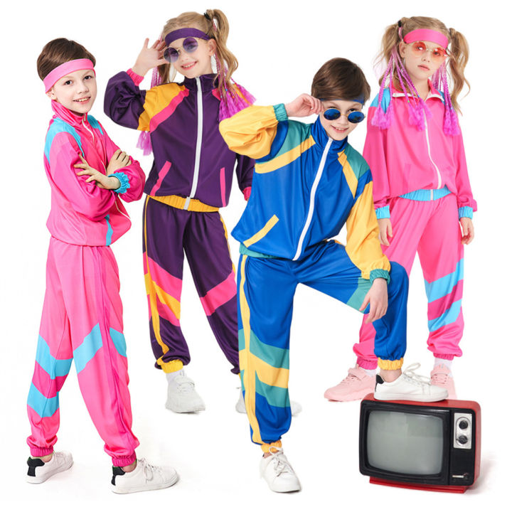 2-12 Years Kids Boys Girls 70s Disco Costume Top Pants/Jumpsuit with  Headband Children's Day Carnival Halloween Party Sportswear Blue Pink  Baseball Uniform