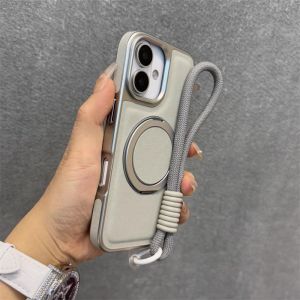 Luxury Retro Pu Leather Case Magne Shell for iPhone 16 17 Pro Max Cases Swivel Kickstand Soft Velvet Back Cover Lanyard Coque