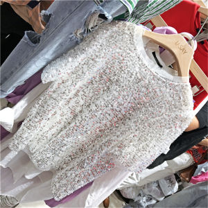 Womens Sequined Top Ins Super Fire Fashion Bling Shiny Round Neck Short-sleeved T-shirt Female Loose Thin Bling Glitter T-shirt