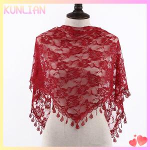 [KUNLIAN] New Four Seasons Jacquard Rose Lace Triangle Veil Scarf Polyester Shawls For Women Muslim Church Prayer Wedding Shawls Headband