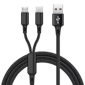 PWT16 Portable Type C Cables Nylon Braided Micro USB 2 in 1 Fast Charge Cable Y Splitter Charger Cable Phone Charge Cord