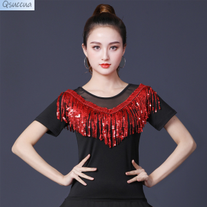 Square Dance Clothing Sequins Tassel Short Sleeved Top Performance Dance Clothing