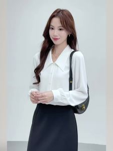 AMMIN Korean Style Simple Solid Color Lapel Fashion Single-Breasted Commuter Chiffon Shirt for Women 2025 Long Sleeve Spring Autumn New Natural Vertical Sense Professional OL Elegant Blouse