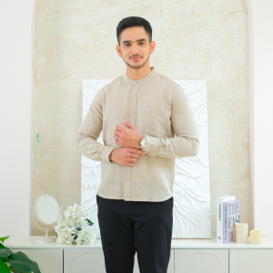 SHABIYAN Kemeja Pria Linen Polos Lengan Panjang Kerah Sanghai Gaya Korea - Warna Putih/Hitam/Coklat